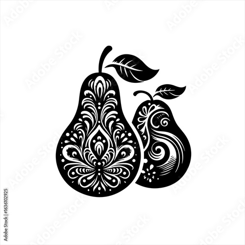 Decorative black and white pears with intricate floral patterns