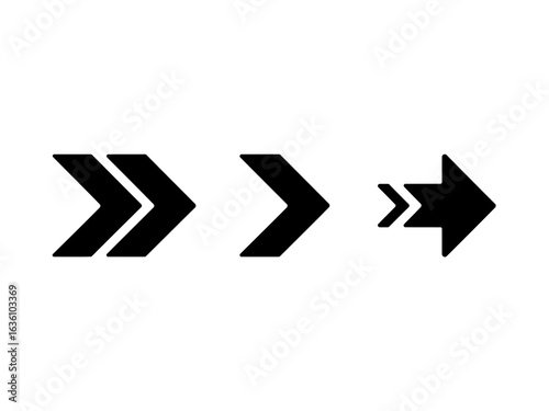 Three black arrow shapes pointing to the right in a progression silhouette
