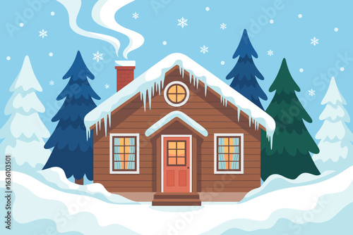 Cozy cabin in winter wonderland scene with snow covered roof and frosty landscape in peaceful mountain setting