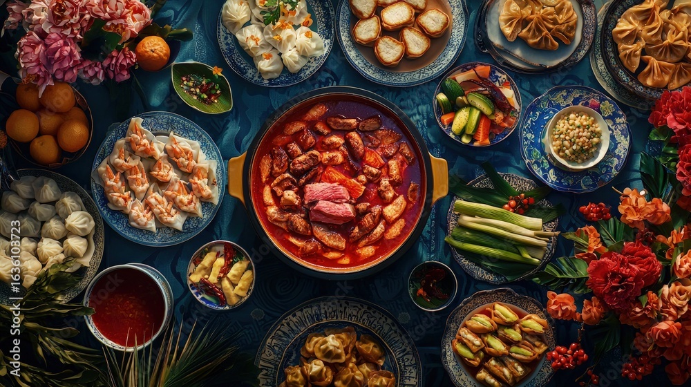 A lavish spread of diverse Asian dishes. A lavish spread of diverse Asian dishes.