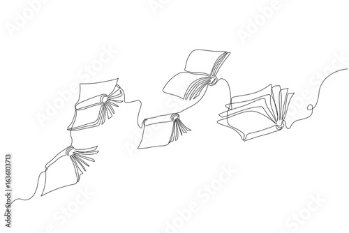 Minimal continuous one line drawing of flying books. Multiple open books appear to float or fly through the air, depicted in a simple and elegant continuous stroke. Vector style, editable line art.