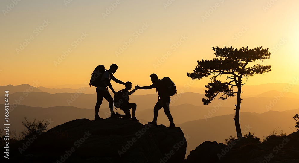 Fototapeta premium Teamwork and Support: Hikers Helping Each Other on a Rocky Mountain Peak at Sunset