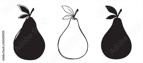 A colored pear with a leaf. Vector illustration with a line, contour, silhouette, hand-drawn, flat design. A set of different versions of modern fruit graphic elements, icons for decoration, design, l
