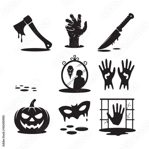 Spooky Halloween Icons Collection of Black Silhouettes with Axe Zombie Hand Knife and Jack O Lantern Isolated on White Background