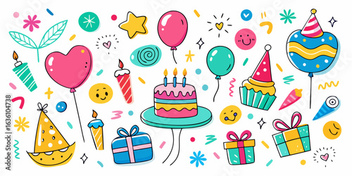 Celebrate joyfully with vibrant birthday elements like cakes, balloons, gifts, and party hats, perfect for festive designs and cheerful occasions.