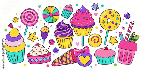 Vibrant collection of whimsical cupcakes, colorful lollipops, and sweet treats bursting with playful energy and delightful charm perfect for festive designs