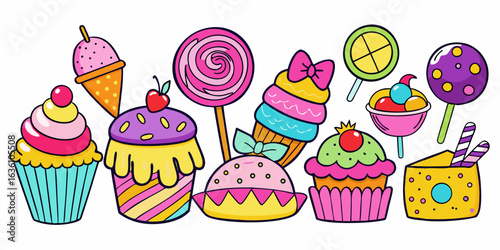 Vibrant collection of colorful cupcakes, ice cream cones, and lollipops creating a joyful sweet treat celebration perfect for parties and desserts