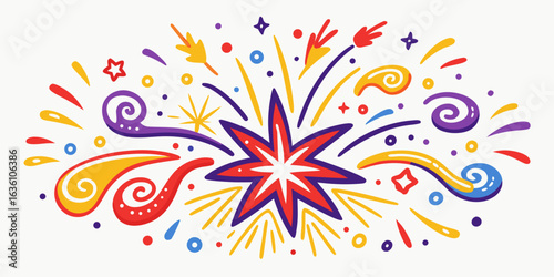 Explosive burst of vibrant celebratory confetti and swirling decorative elements in bright festive colors, perfect for party invitations and joyful announcements