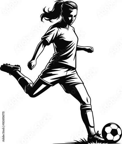 Soccer, woman, silhouette, kick, ball, sport, action, athlete, vector, black, dynamic, pose