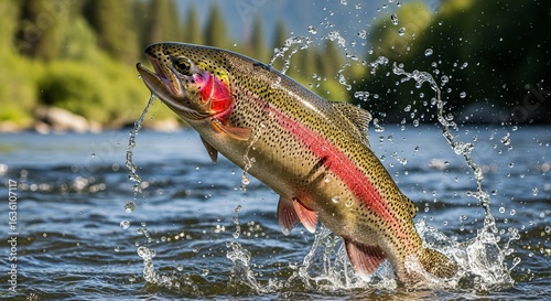 Rainbow trout jumping out of water for fishing adventure and outdoor recreation in nature river