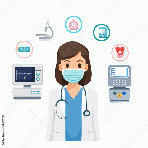 Female Doctor Character with Medical Equipment, Cartoon Style Illustration