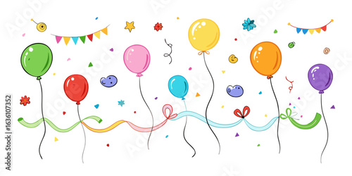 Vibrant celebration balloons with festive streamers and confetti create a joyful atmosphere for any party or special event, capturing pure happiness and excitement