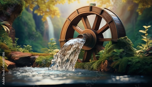 Wallpaper Mural water flowing over wooden wheel with plants and leaves nature background generative ai Torontodigital.ca