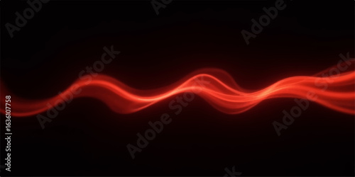 Bright, glowing red and orange abstract wave design with a fiery motion and curved lines on a dark background