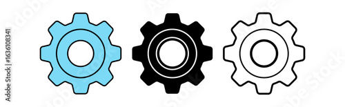 Three distinct gears in blue, black, and white tones represent innovation and mechanics.