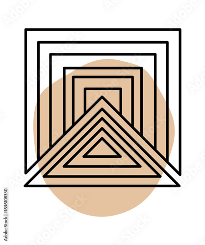 Geometric abstract design featuring layered triangles and concentric rectangles in neutral tones.