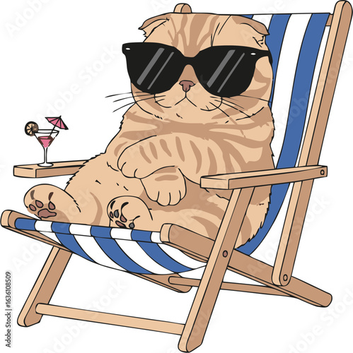 A cool ginger cat in sunglasses relaxing on a beach deck chair with a cocktail. Summer vacation concept vector illustration.