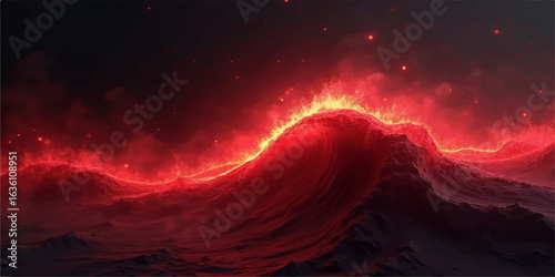 Bright stars glow in a red nebula of smoke and fire against a dark, cosmic sky