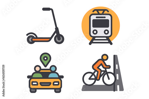 Electric scooter, tram, carpool, and cycling icons for urban transportation
