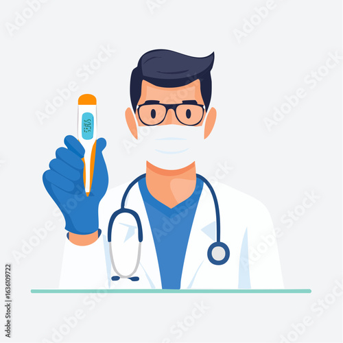 Doctor with Face Mask Holding Thermometer Showing High Temperature, Medical Illustration