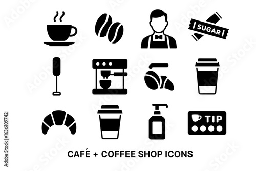 Cafe and coffee shop icons: espresso, croissant, barista, sugar, tip jar