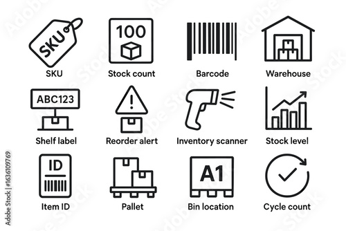 Inventory management icons: sku, stock count, barcode, warehouse, reorder alert, inventory scanner