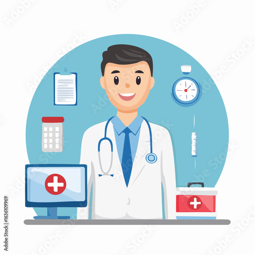 A professional female doctor uses a stethoscope and digital technology on a laptop to provide healthcare