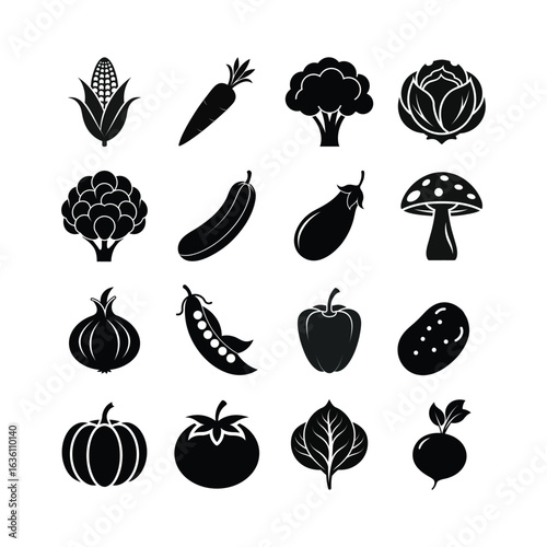 Vegetable Icon Set. Fresh Food Silhouette Glyph Collection. Vector Illustration of Farm Produce for Healthy Diet and Nutrition.