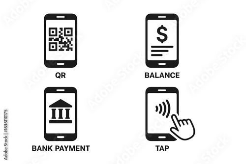 Mobile payment icons: qr code, balance, bank payment, tap to pay