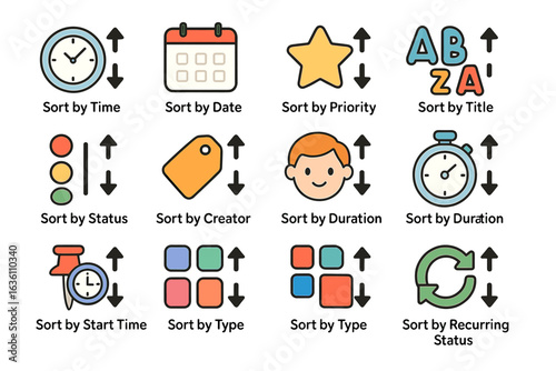 Colorful sorting icons for organizing tasks and time management