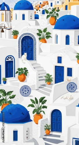 A vibrant illustration of a Greek village, capturing the essence of Santorini with blue and white charm.