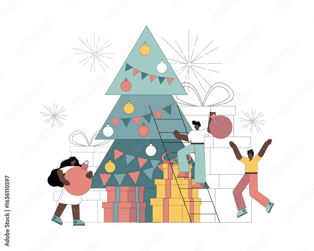 Fototapeta premium People decorate the Christmas tree.