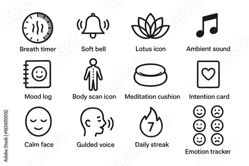 Mindfulness tools: icons for meditation, mood tracking, and relaxation