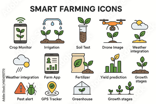 Smart farming icons: technology in agriculture for yield and growth management