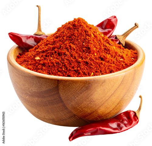 red hot chili peppers powder with dried chili in wooden bowl isolated on white background