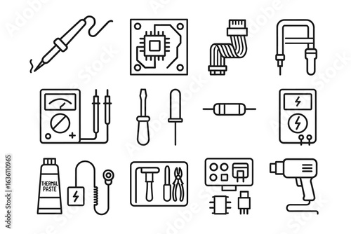 Electronic tools and components: soldering iron, multimeter, circuit board, screwdriver, thermal paste