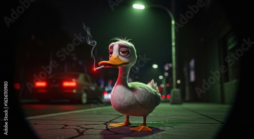 A sad cartoon duck smokes a cigarette on a dark city street at night