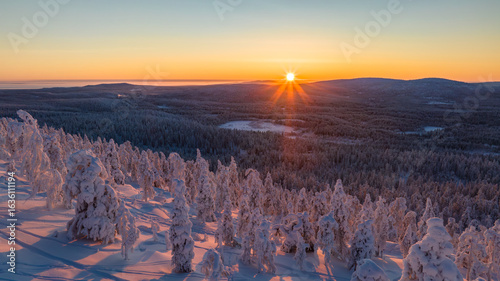 Aerial view of the sun's radiant burst over snow-laden trees, casting long shadows across the winter landscape of Salla, Lapland, Finland.