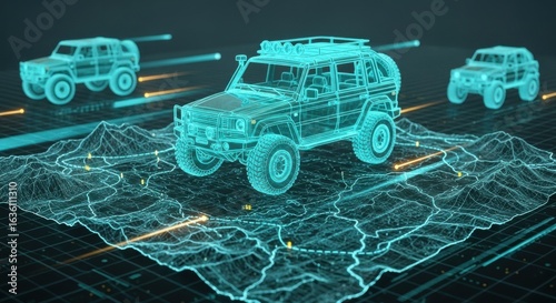 Digital illustration of futuristic off-road vehicles navigating a digital terrain map.