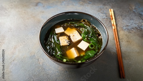 Wallpaper Mural appetizing miso soup featuring tofu wakame seaweed and green onions served in a bowl on a textured backdrop offering a healthy and flavorful culinary experience Torontodigital.ca
