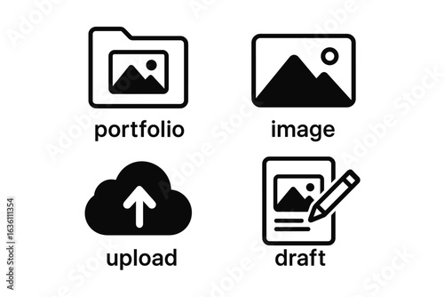 Portfolio icons: image, upload, draft - black and white design set