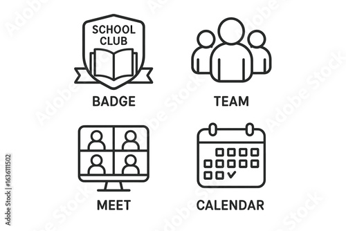 School club icons: badge, team, meet, calendar in simple line style