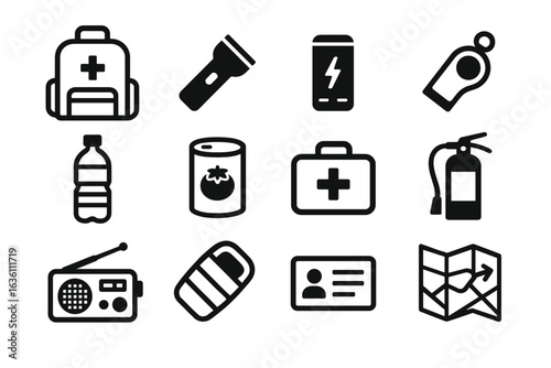 Emergency survival kit icons: backpack, flashlight, first aid, fire extinguisher, map
