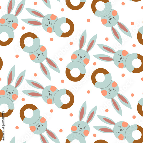Wooden Montessori rattle with a fabric rabbit. Flat color seamless texture. Wooden elements for youngest children to play with. Cute illustration of children's toys. Packaging for children's products