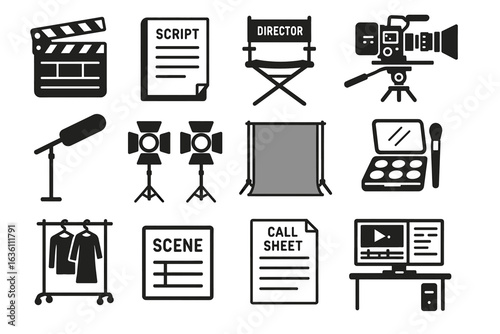 Movie production icons: clapperboard, script, director's chair, camera, microphone, makeup, studio setup