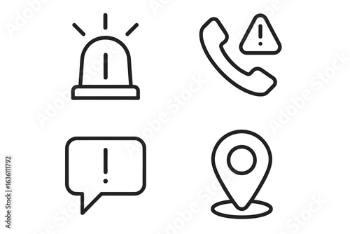 Emergency icon set with alarm, phone, speech bubble, and location symbols