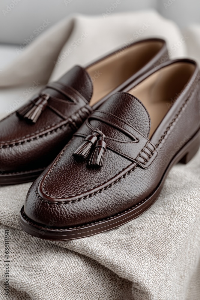 Elegant brown leather loafers with tassels on fabric surface Elegant brown leather loafers with tassels on fabric surface