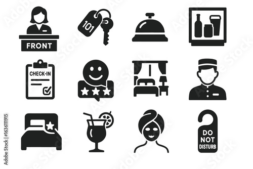 Hotel icon set: reception, check-in, service bell, room key, amenities