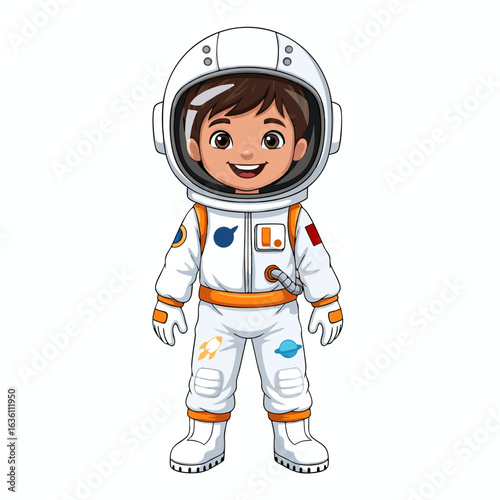 Smiling cartoon boy in a white astronaut suit