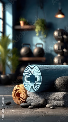 Yoga mats and stones arranged in a serene fitness studio with weights and greenery in the background